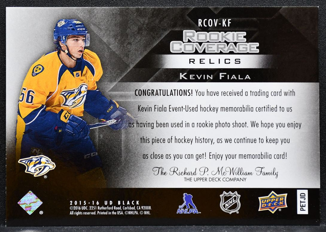 2015-16 UD Black Rookie Coverage Relics Kevin Fiala Predators RC Jersey 6397