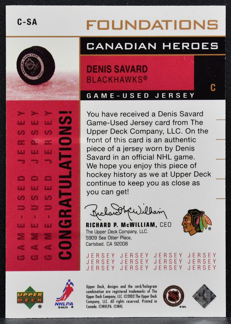 2002-03 UD Foundations Canadian Heroes Denis Savard 108/150 Jersey 3360