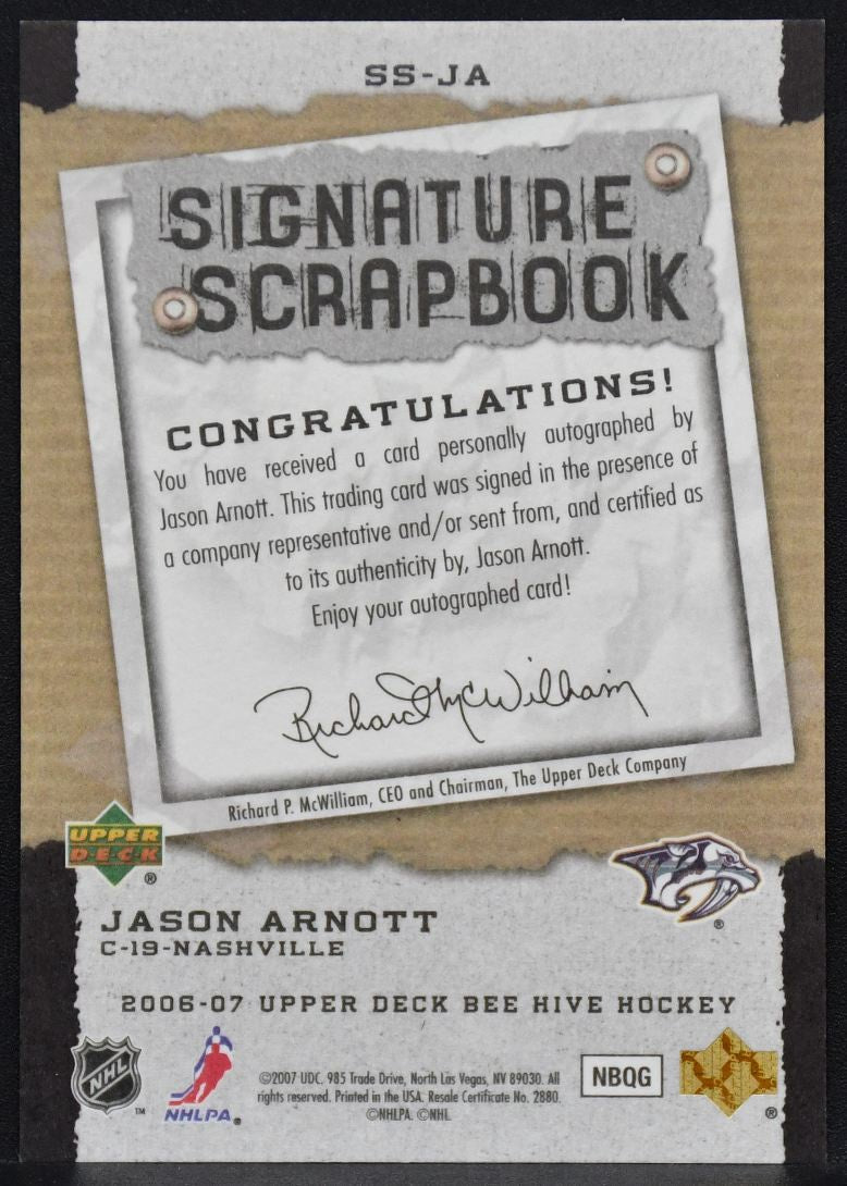 2006-07 UD Beehive Signature Scrapbook Jason Arnott SS-JA Predators Auto 9901