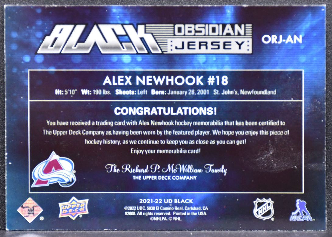 2021-22 SPx UD Black Obsidian Rookie Jersey Alex Newhook RC 292/399 Jersey 8746