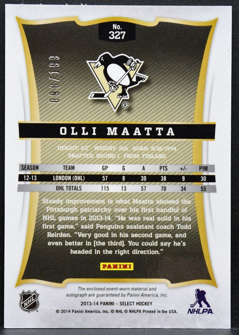 2013-14 Panini Select Rookie Auto Jersey Olli Maatta Penguins RC Auto 7163