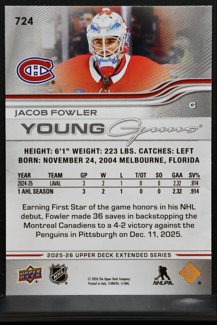 2025-26 Upper Deck Extended Series Young Guns Jacob Fowler 724 Canadiens RC 1525