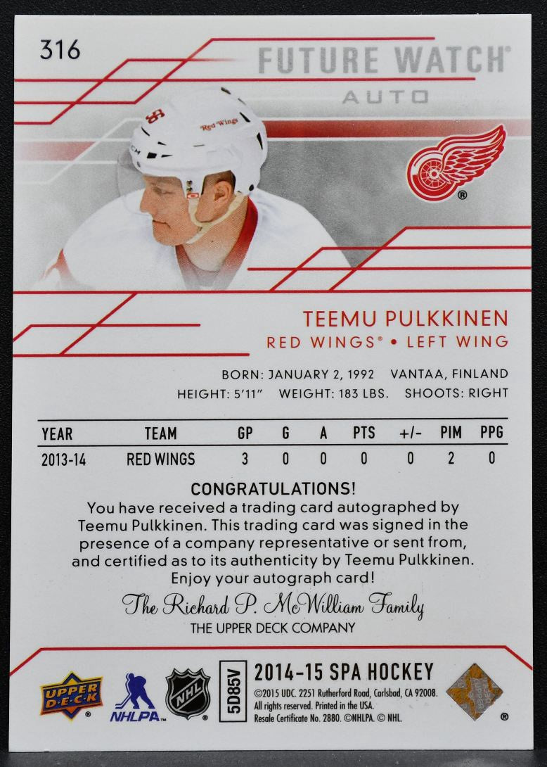 2014-15 SP Authentic Future Watch Auto Teemu Pulkkinen RC Auto 925/999 7103