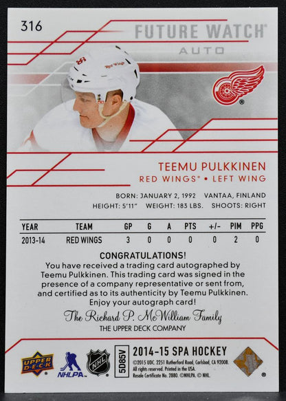 2014-15 SP Authentic Future Watch Auto Teemu Pulkkinen RC Auto 925/999 7103