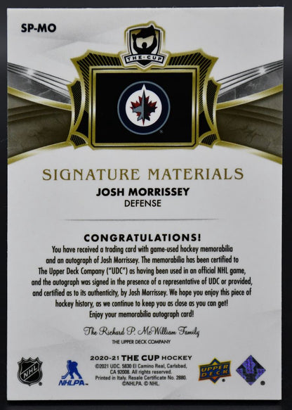 2020-21 UD The Cup Josh Morrissey SP-MO Winnipeg Jets Auto 11/99 Patch