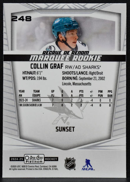 2024-25 O-Pee-Chee Platinum Marquee Rookie Sunset Collin Graf 248 Sharks RC 6856