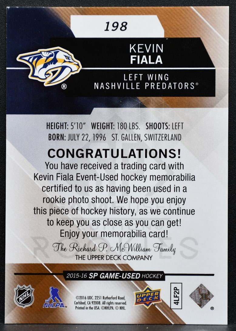 2015-16 SP Game Used Authentic Rookies Copper Jersey Kevin Fiala RC Jersey 2394