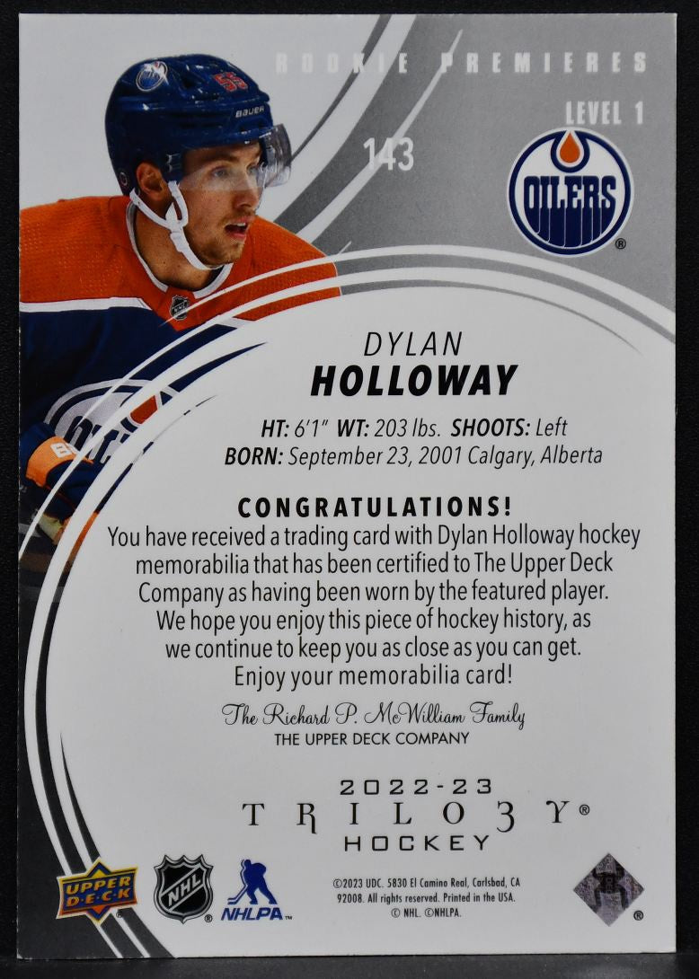 2022-23 UD Trilogy Dylan Holloway 143 Edmonton Oilers RC 323/499 Jersey
