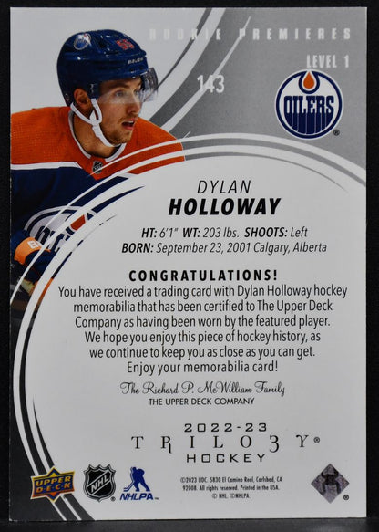 2022-23 UD Trilogy Dylan Holloway 143 Edmonton Oilers RC 323/499 Jersey