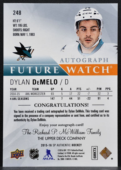 2015-16 SP Authentic Future Watch Auto Dylan DeMelo Sharks RC Auto 792/999 1247