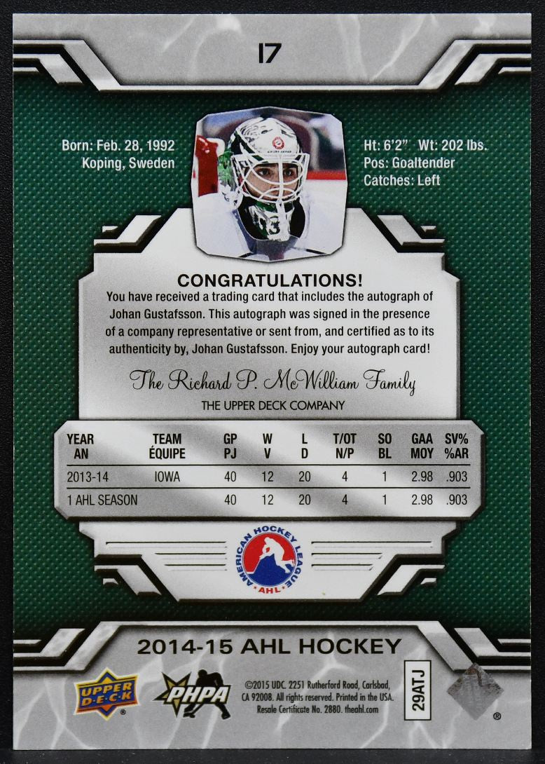 2014-15 Upper Deck AHL Base Auto Jonathan Ericsson 17 Red Wings Auto 2308