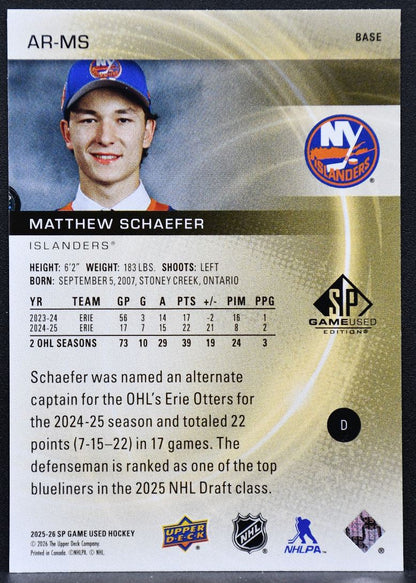 2025-26 SP Game Used Authentic Rookies Matthew Schaefer AR-MS RC 1982