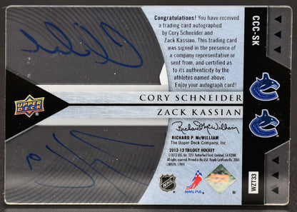 Carte autographiée UD Trilogy Clear Cut Combo Schneider/Kassian des Canucks de Vancouver, saison 2012-2013