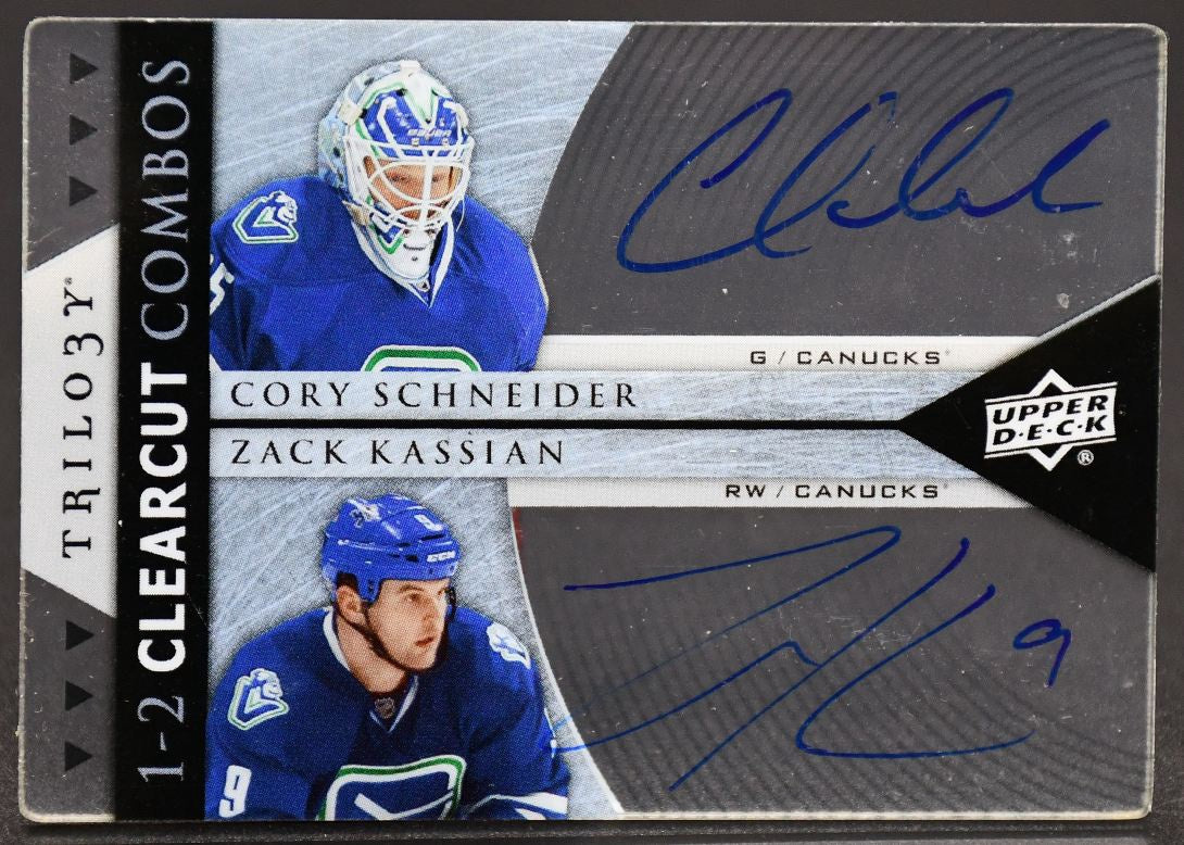 Carte autographiée UD Trilogy Clear Cut Combo Schneider/Kassian des Canucks de Vancouver, saison 2012-2013