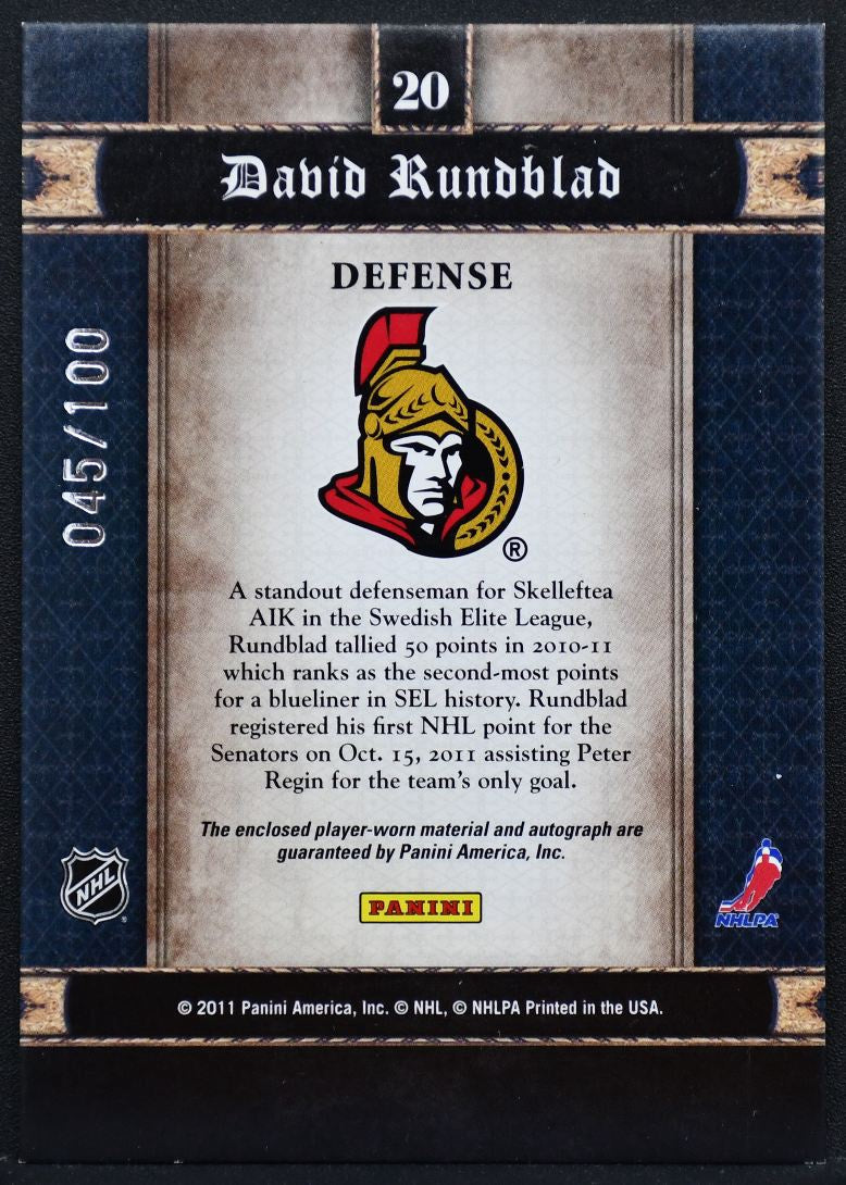 2011-12 Panini Crown Royale Heirs Rundblad Senators RC Auto 045/100 Jersey 0171