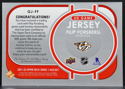 2021-22 Upper Deck Series 1 UD Game Jersey Filip Forsberg Predators Jersey 5482