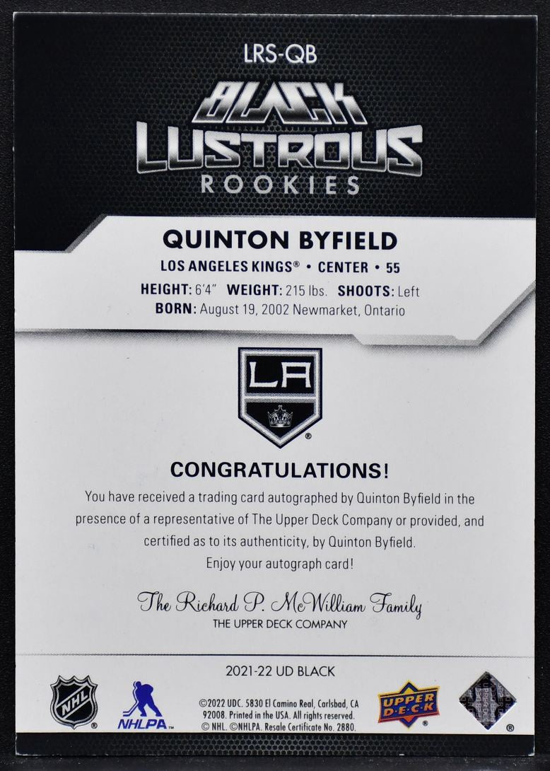 2021-22 UD Black Lustrous Rookies Auto Quinton Byfield LRS-QB  RC Auto 29/99