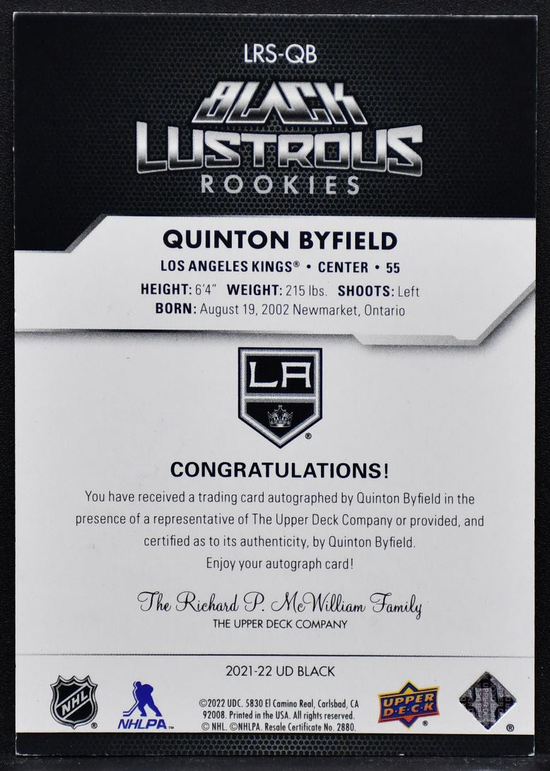 2021-22 UD Black Lustrous Rookies Auto Quinton Byfield LRS-QB  RC Auto 29/99