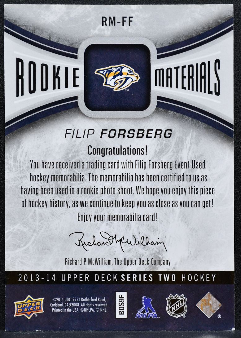 2013-14 UD Series 2 Rookie Materials Filip Forsberg Predators RC Jersey 4829
