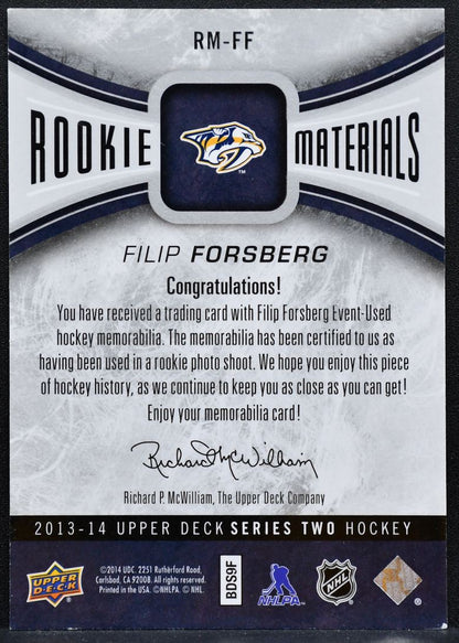 2013-14 UD Series 2 Rookie Materials Filip Forsberg Predators RC Jersey 4829