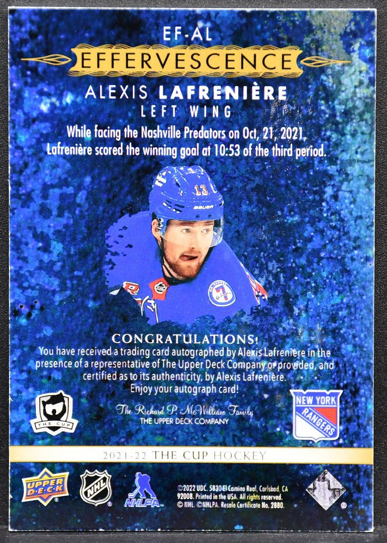 2021-22 UD The Cup Effervescence Alexis Lafreniere EF-AL New York Rangers Auto