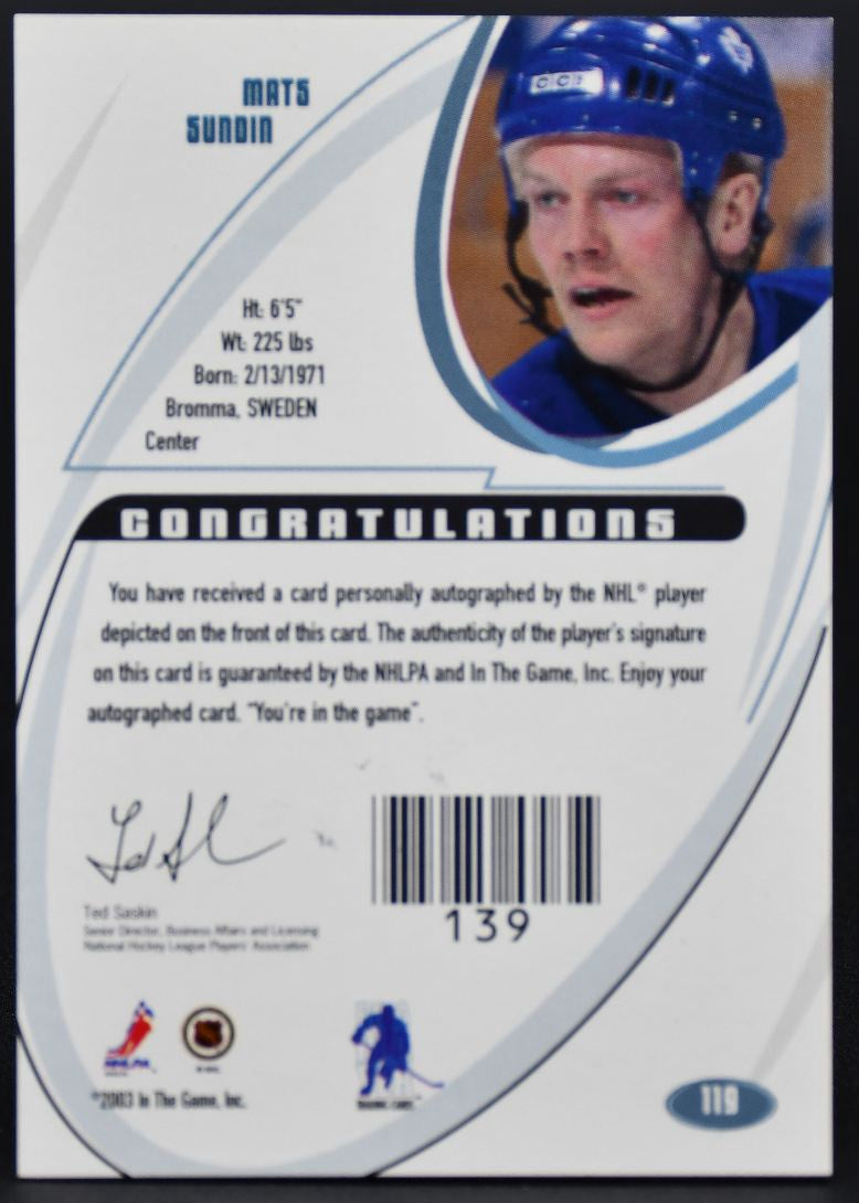 2002-03 In The Game Signature Mats Sundin 119 Auto