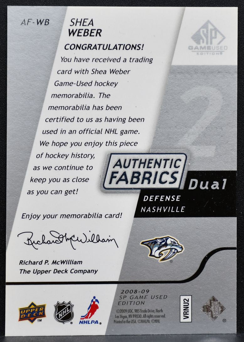 2008-09 SP Game Used Authentic Fabrics Dual Shea Weber Predators Jersey 8674