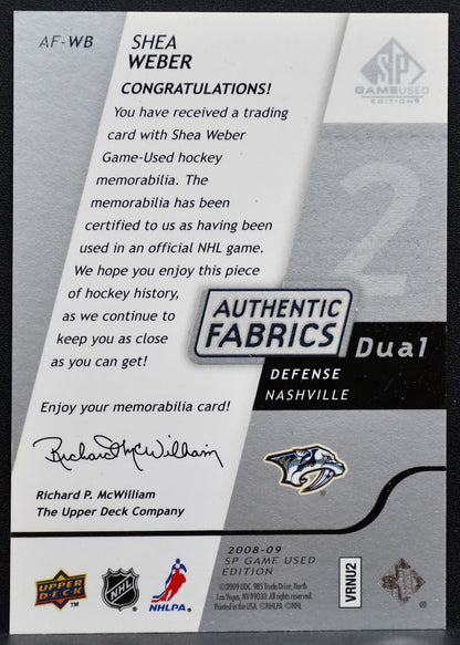 2008-09 SP Game Used Authentic Fabrics Dual Shea Weber Predators Jersey 8674