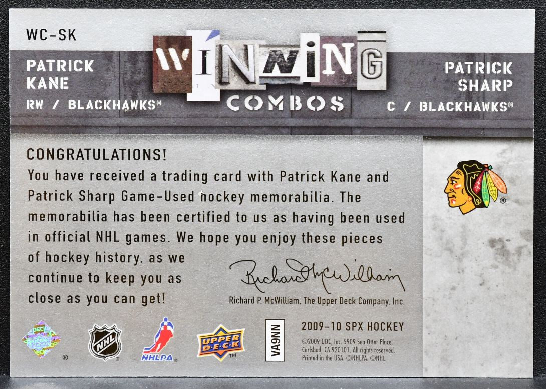 2009-10 SPx Winning Combos Patrick Sharp/Patrick Kane Blackhawks Jersey 0901