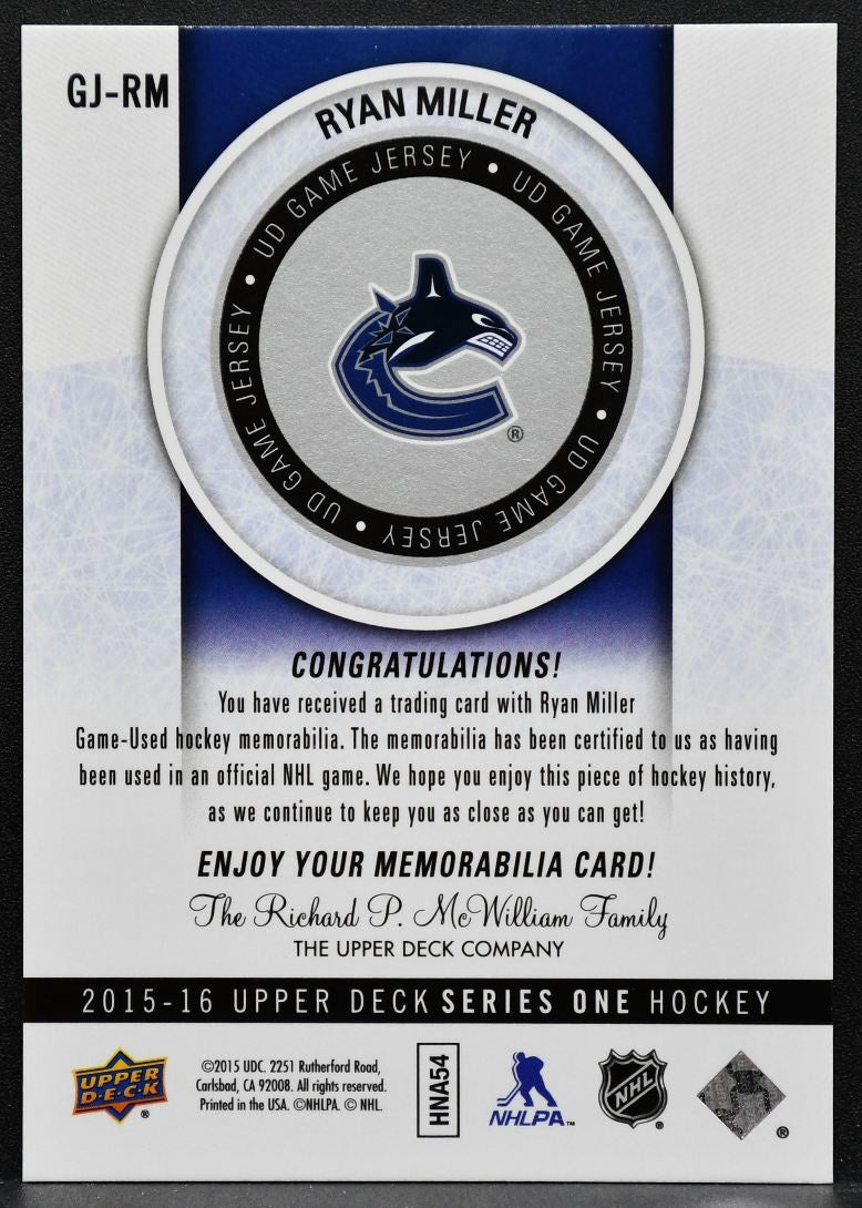 2015-16 Upper Deck Series 1 Game Jersey Ryan Miller GJ-RM Canucks Jersey 4138