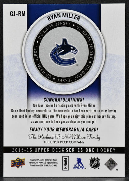 2015-16 Upper Deck Series 1 Game Jersey Ryan Miller GJ-RM Canucks Jersey 4138
