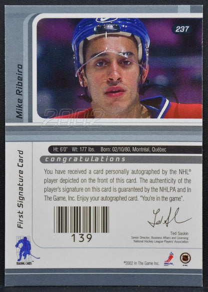 2001-02 In The Game Signature Series Mike Ribeiro 237 Canadiens Auto 9338
