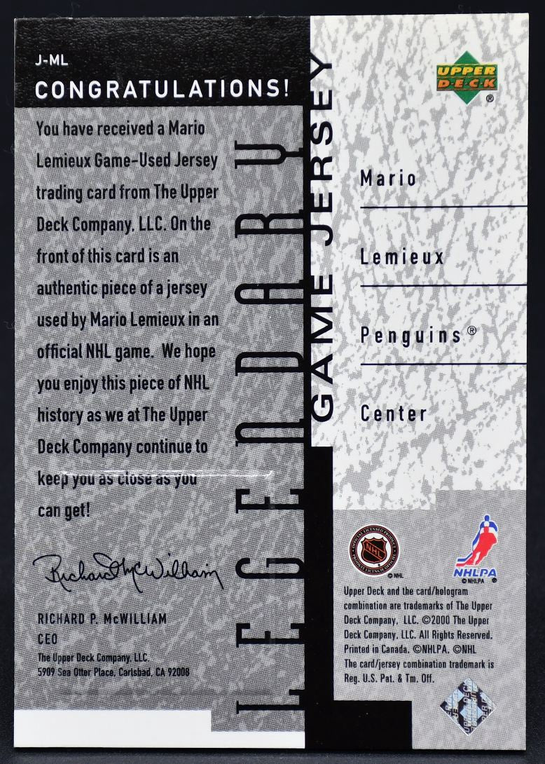 2000-01 UD Legends Legendary Game Jersery Mario Lemieux J-ML Jersey