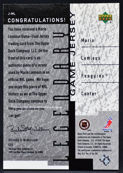 2000-01 UD Legends Legendary Game Jersery Mario Lemieux J-ML Jersey