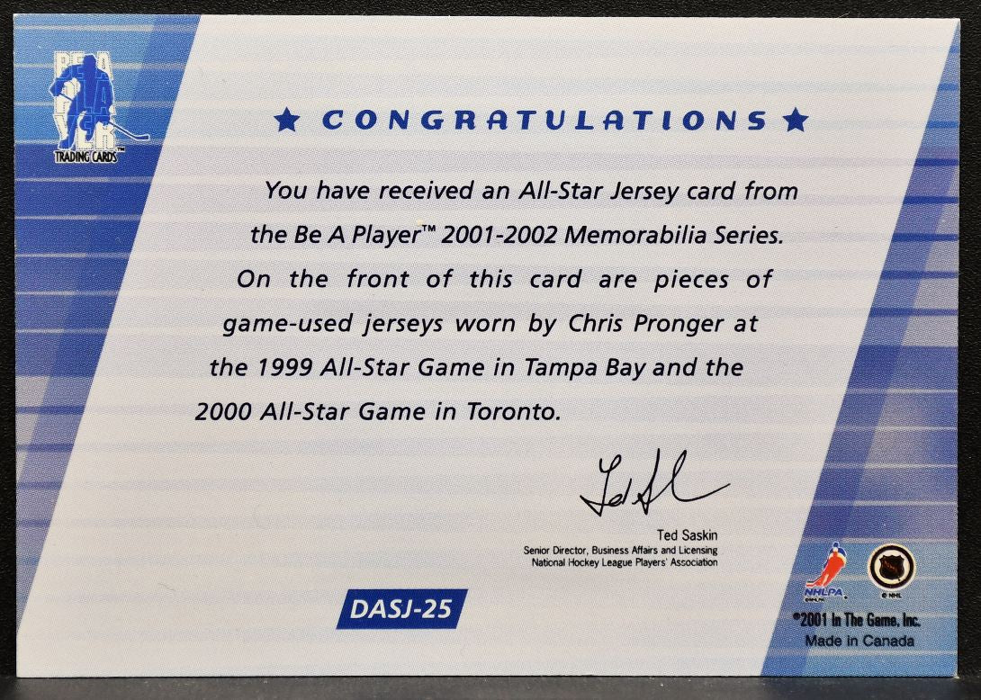 2001-02 Be a Player Memorabilia All-Star Doubles Chris Pronger Jersey 0134