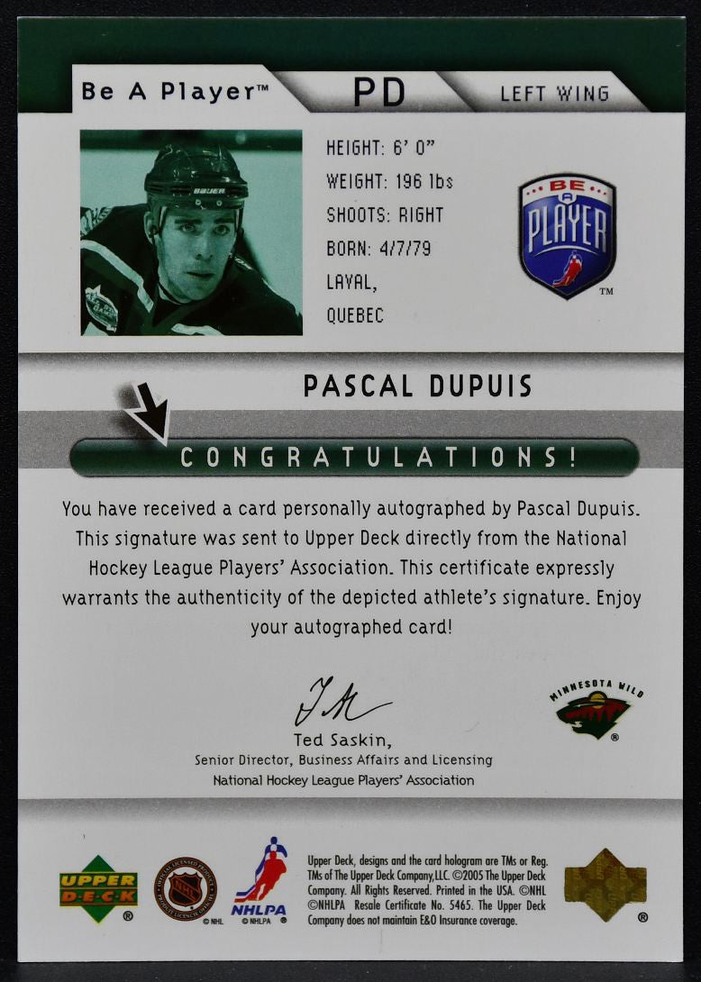 2005-06 Upper Deck Be a Player Signatures Pascal Dupuis PD Wild Auto 1998