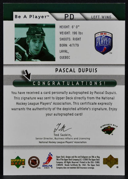2005-06 Upper Deck Be a Player Signatures Pascal Dupuis PD Wild Auto 1998