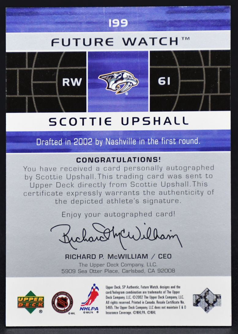 2002-03 SP Authentic Future Watch Auto Scottie Upshall 199 RC Auto 393 /999