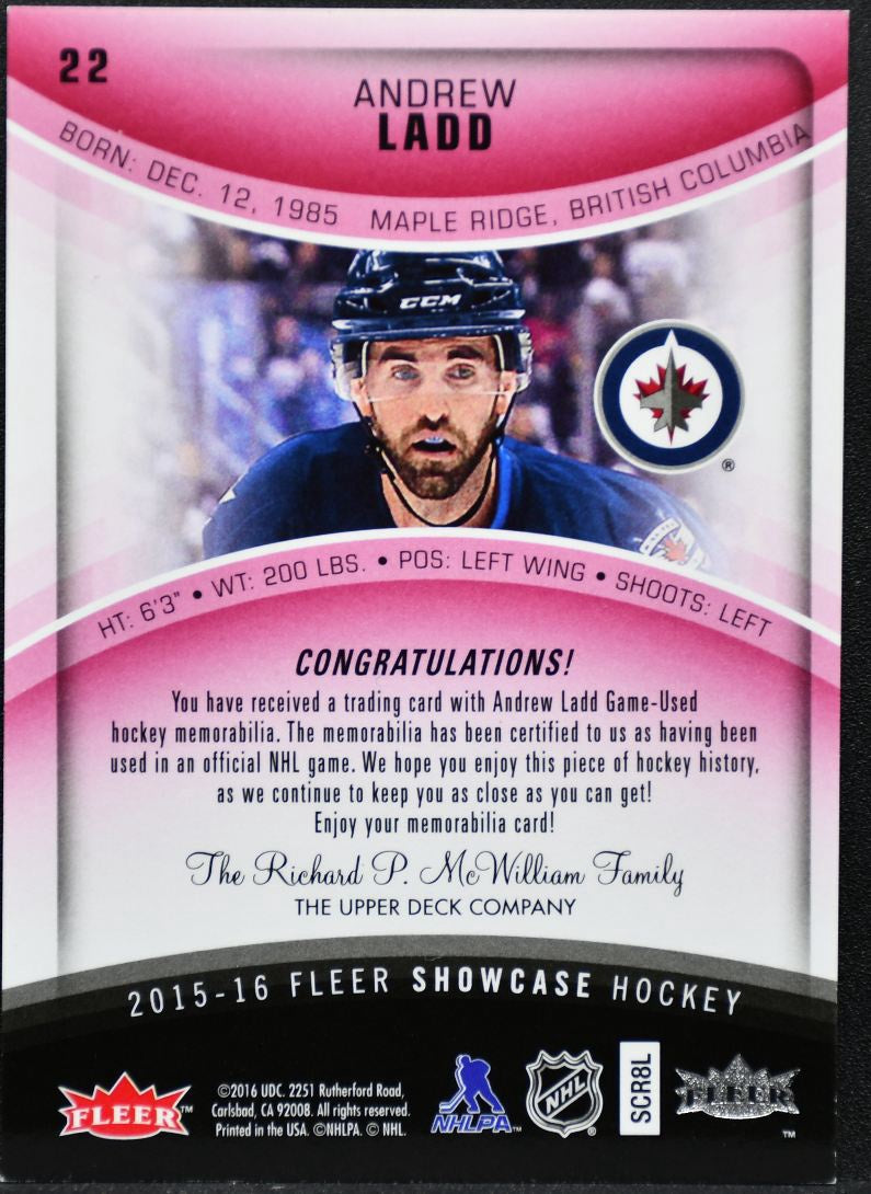 2015-16 Fleer Showcase Jersey Red Glow Andrew Ladd 22 Jets 78/99 Jersey 2225