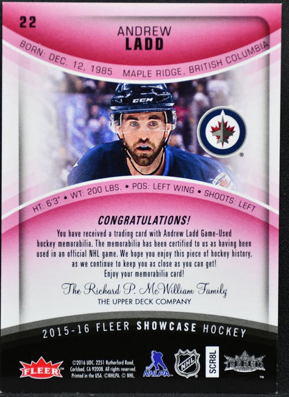 2015-16 Fleer Showcase Jersey Red Glow Andrew Ladd 22 Jets 78/99 Jersey 2225