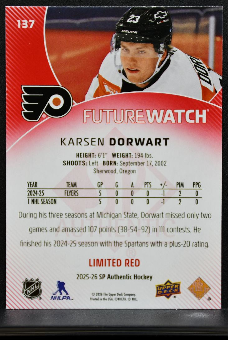 2025-26 SP Authentic Future Watch Limited Red Karsen Dorwart 137 Flyers RC 8532