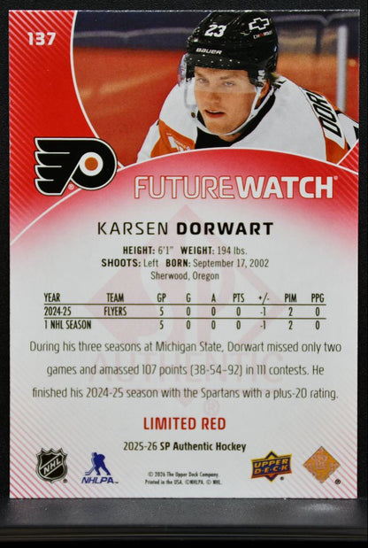 2025-26 SP Authentic Future Watch Limited Red Karsen Dorwart 137 Flyers RC 8532