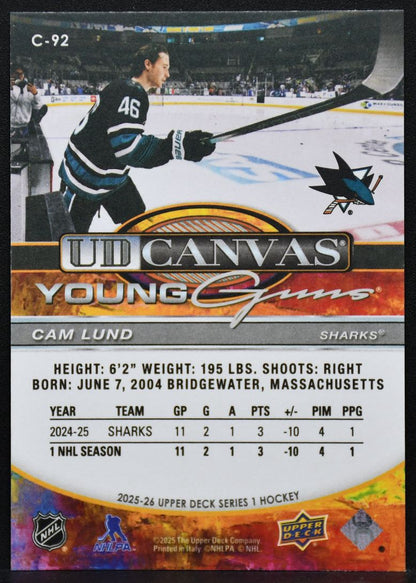 2025-26 UD Series 1 UD Canvas Young Guns Cam Lund C-92 San Jose Sharks RC 2371