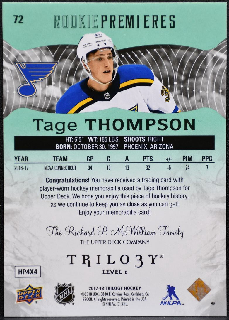2017-18 UD Trilogy Rookie Premieres Level 1 Jersey Thompson RC /399 Jersey 9683