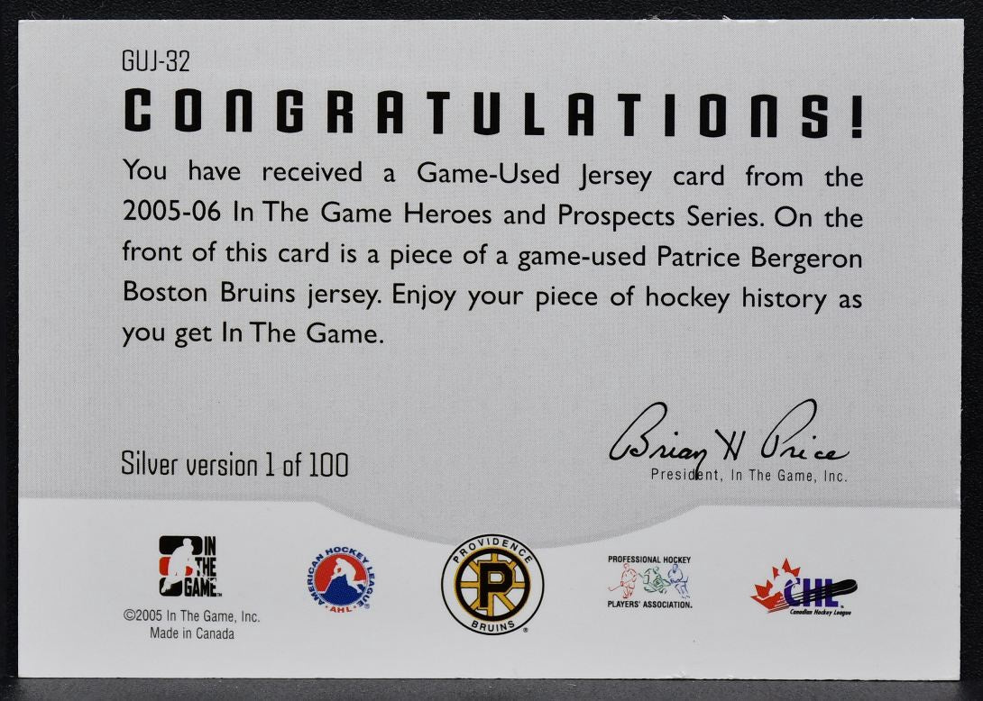 2005-06 In The Game Heroes and Prospects Jerseys Patrice Bergeron Jersey 8630