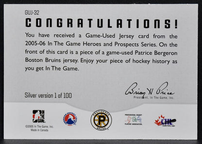 2005-06 In The Game Heroes and Prospects Jerseys Patrice Bergeron Jersey 8630