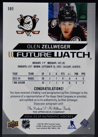 2024-25 SP Authentic Olen Zellweger 101 Anaheim Ducks RC Auto 122/999