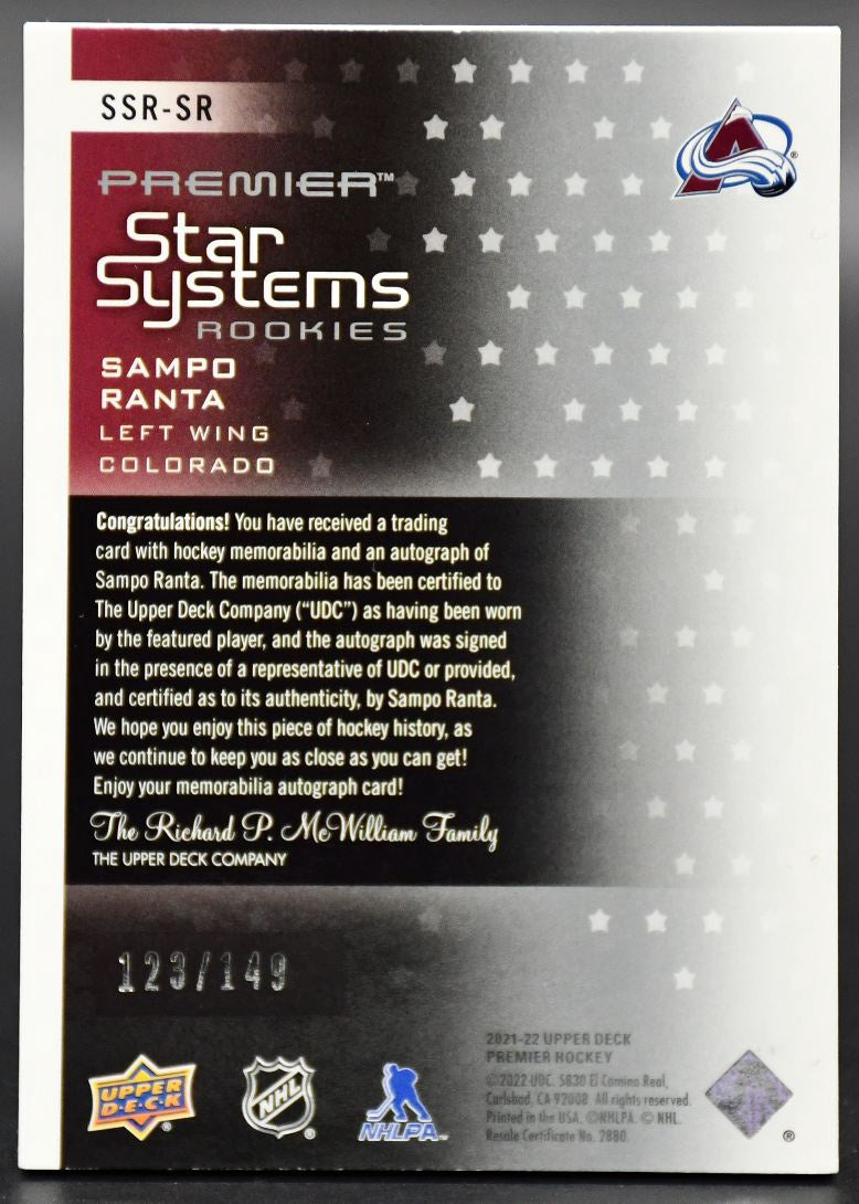 2021-22 UD Premier Ranta SSR-SR Colorado Avalanche RC Auto /149 Patch