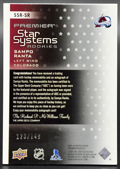 2021-22 UD Premier Ranta SSR-SR Colorado Avalanche RC Auto /149 Patch