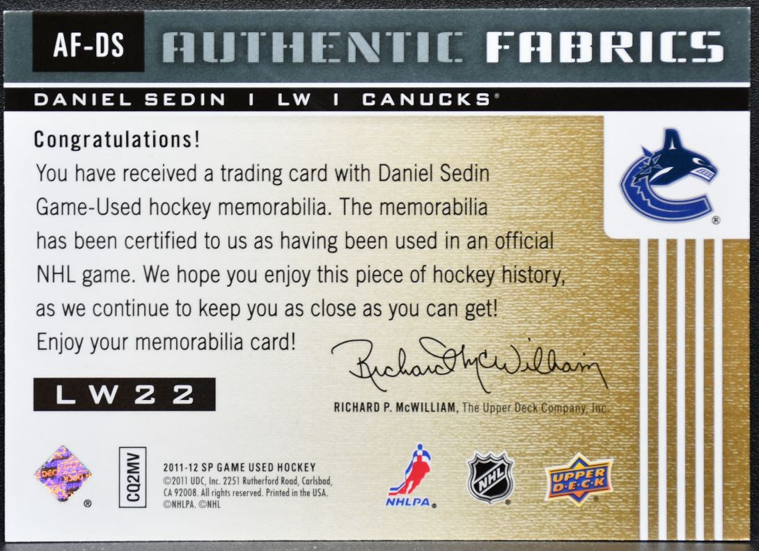 2011-12 SP Game Used Authentic Fabrics Daniel Sedin AF-DS Jersey 2852